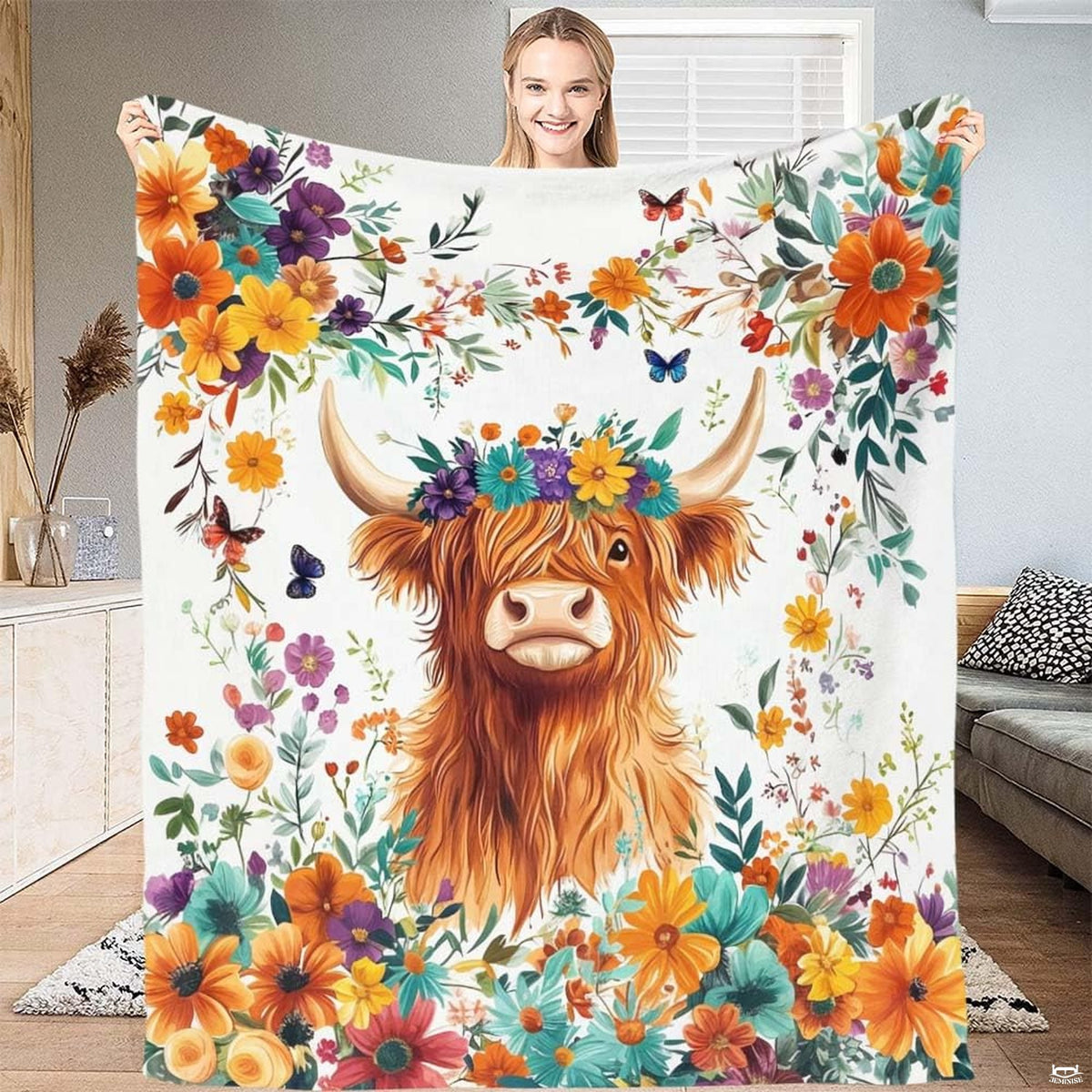 Botanical garden Highland cow throw blanket featuring cute calf with wildflower floral border and butterflies