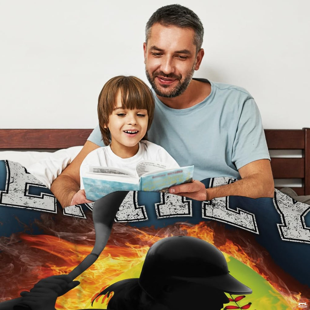 Glowing stadium illumination highlighting a dramatic softball swing silhouette print.