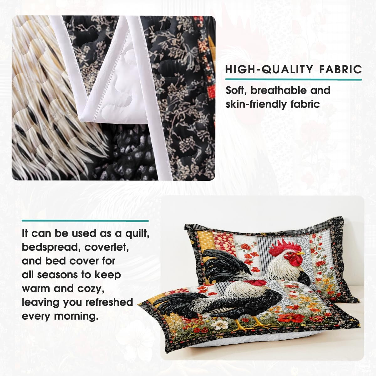 Rooster Patchwork Pattern Quilt Set, Animal Bedding - Chicken Farmhouse Quilt Set Bedspread, Premium Pattern Quilt Bedspread, Rooster Bedding