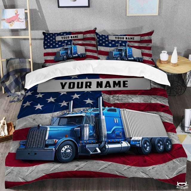 Custom Patriotic Semi Truck on American Flag Background Comforter