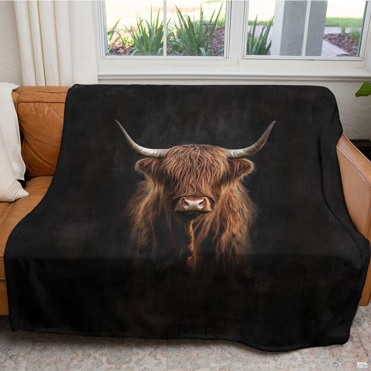 Dramatic portrait of Scottish Highland cow with curved horns emerging from black background, view 4.