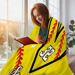 Draped perspective of softball heart throw blanket highlighting optic yellow color and sparkles.
