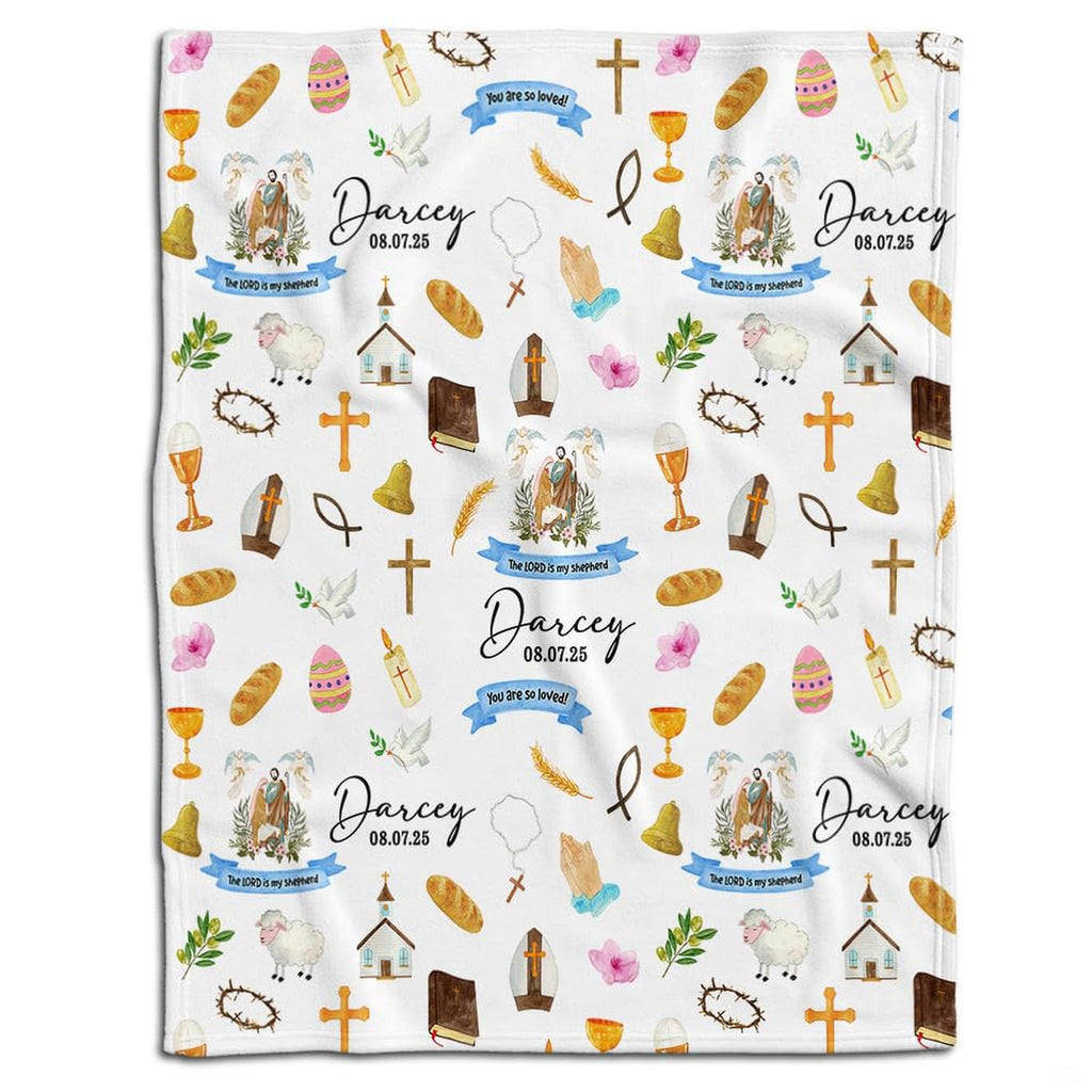 Christian baptism throw blanket with illustrated crosses, communion chalice, lamb, and dove pattern