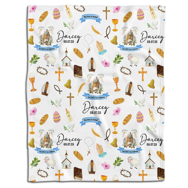Christian baptism throw blanket with illustrated crosses, communion chalice, lamb, and dove pattern