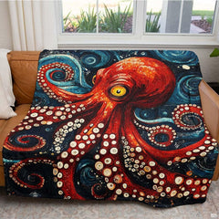 Overhead bedroom view of mosaic sea life illustration across decorative bedding.