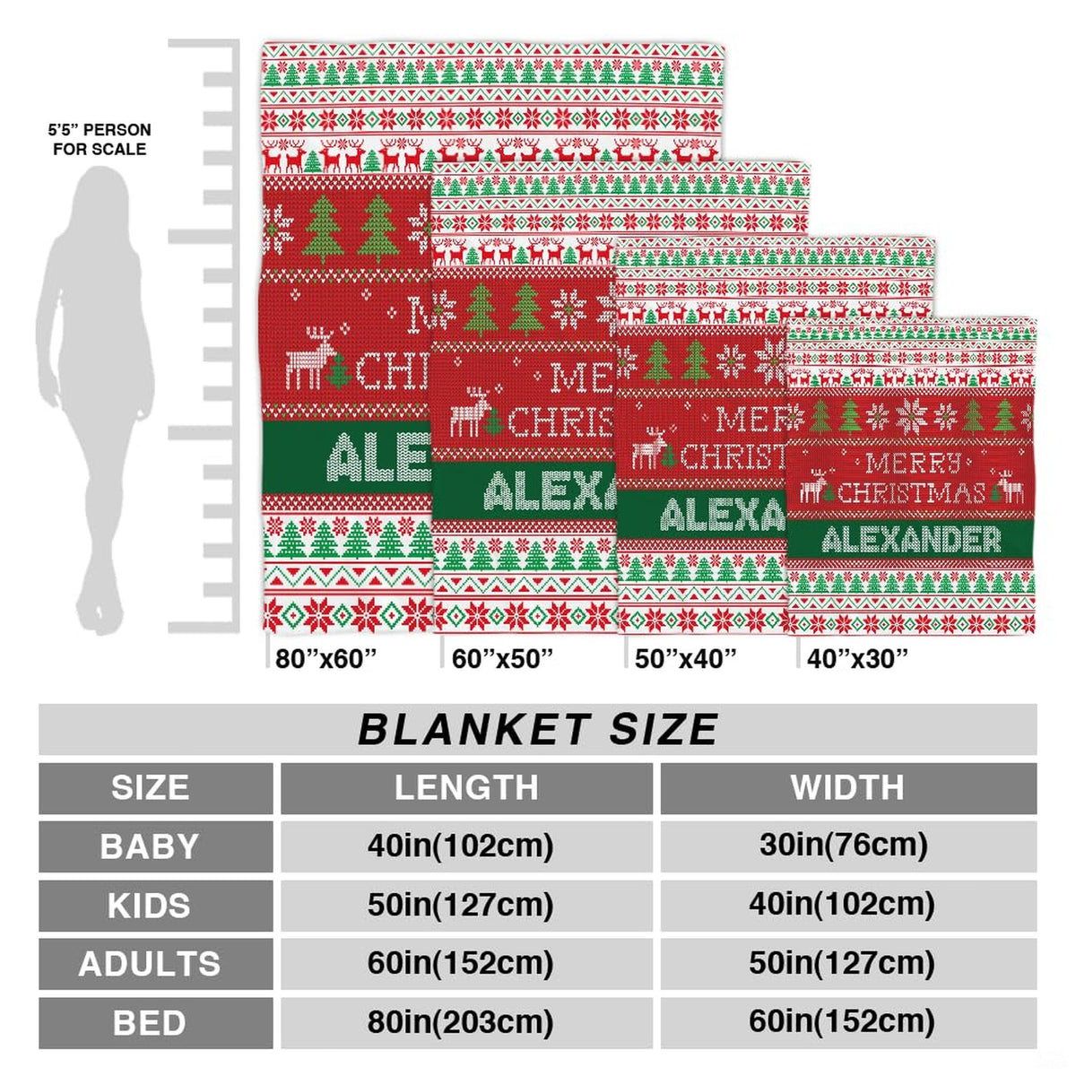 Folded holiday blanket highlighting green pine trees and red reindeer