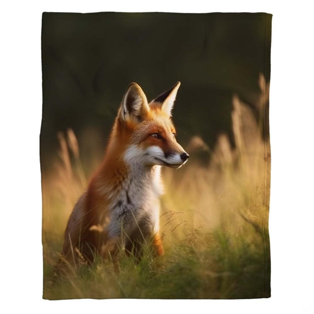 Woman holding open red fox throw blanket showing golden sunset meadow and realistic wildlife art