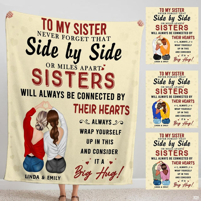 Two sisters forming a heart shape with raised hands surrounded by inspirational sisterhood typography.