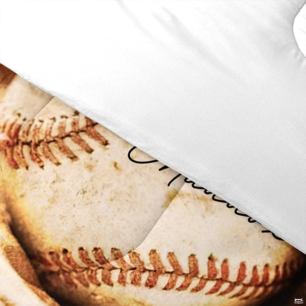 Bedroom decor perspective featuring sepia and cream antique baseball glove motifs.