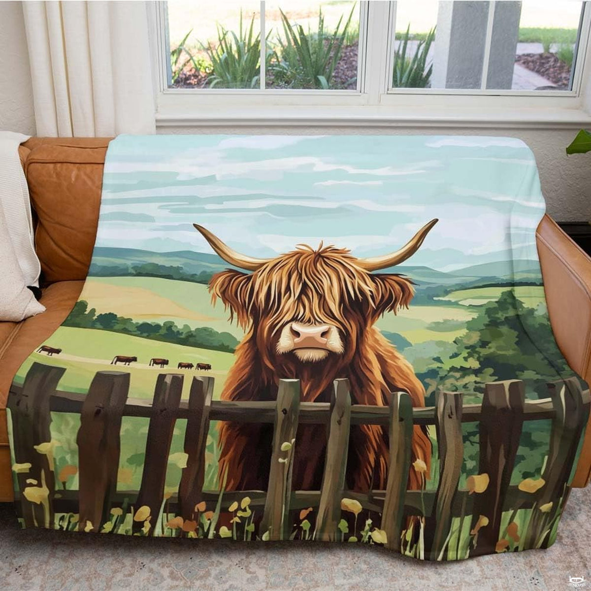 Coordinated pillow shams featuring Highland cow artwork on a rustic farmhouse bed with thematic accent countryside styling.