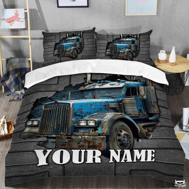 Angled view of blue semi truck breaking through a metal wall on bedding in a bedroom.