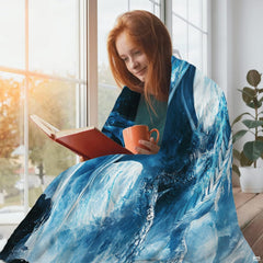 Glacial ice dragon throw blanket styled in a bright reading corner setting