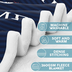Navy nautical anchor throw blanket view 6 highlighting rope anchor, mini helm border, and wave patterns