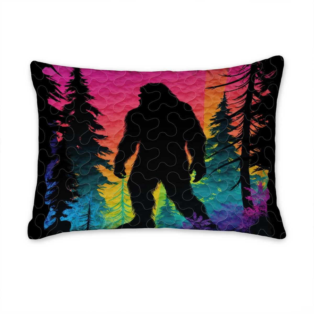 Matching pillowcase detail for woodland bedding set featuring coordinating neon sunset Bigfoot artwork