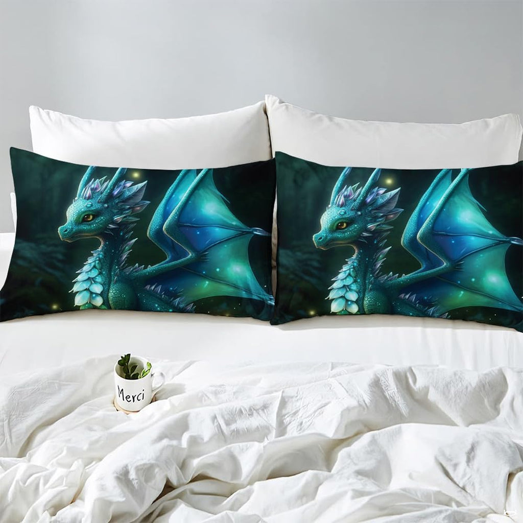 Close-up detail of dragon fantasy bedding highlighting vibrant peacock teal wings and deep cosmic contrast.