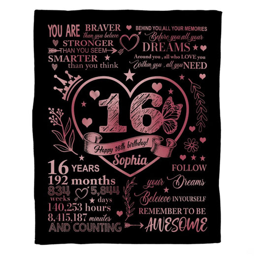 Sweet 16th birthday rose gold heart throw blanket held open by woman