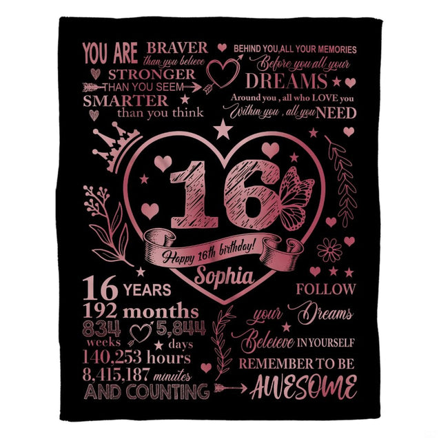 Sweet 16th birthday rose gold heart throw blanket held open by woman