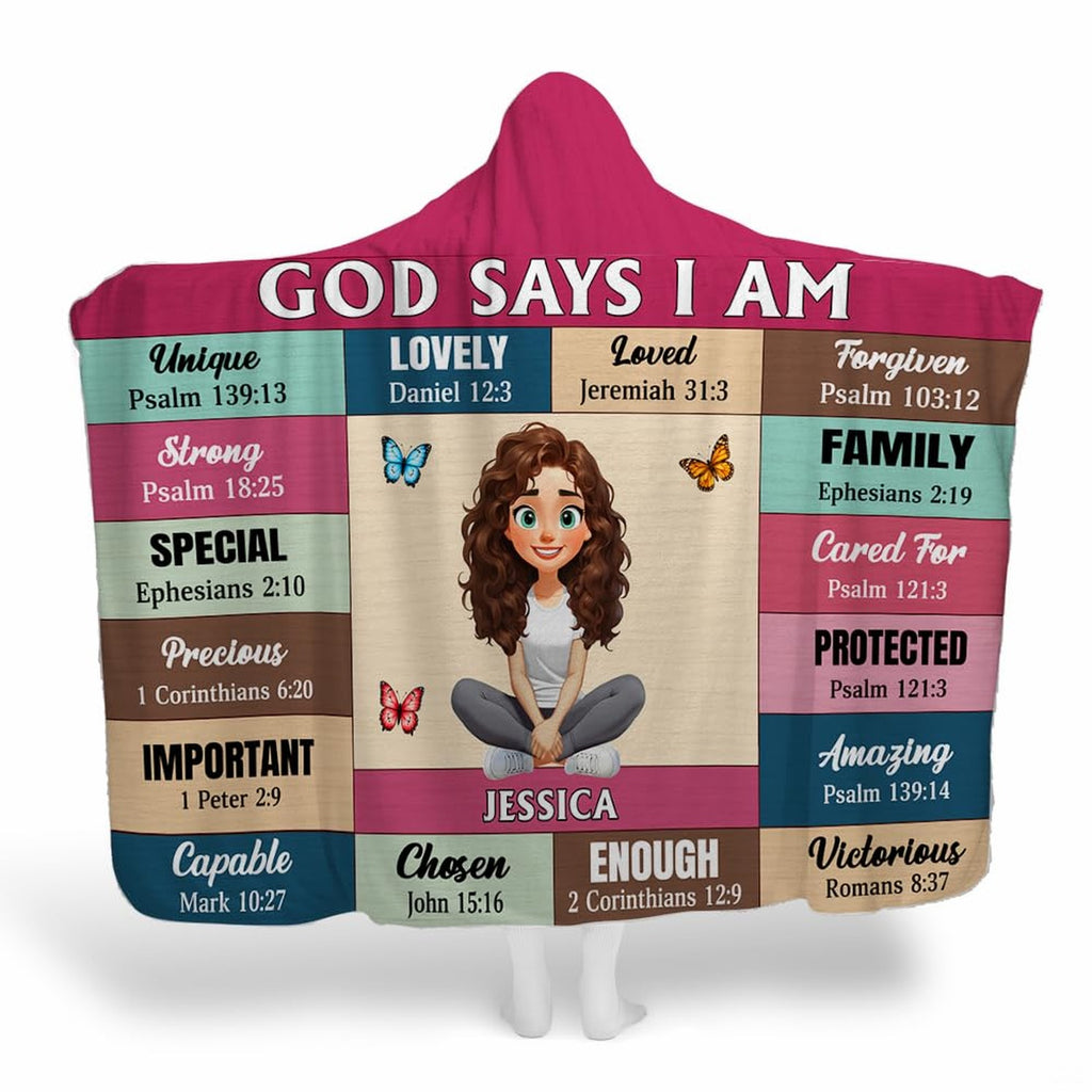 Bedding set displaying sweet cartoon portrait of young girl seated among flutter butterflies and vibrant geometric blocks.