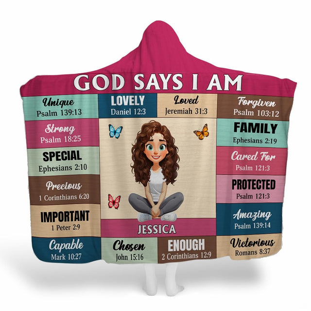 Bedding set displaying sweet cartoon portrait of young girl seated among flutter butterflies and vibrant geometric blocks.