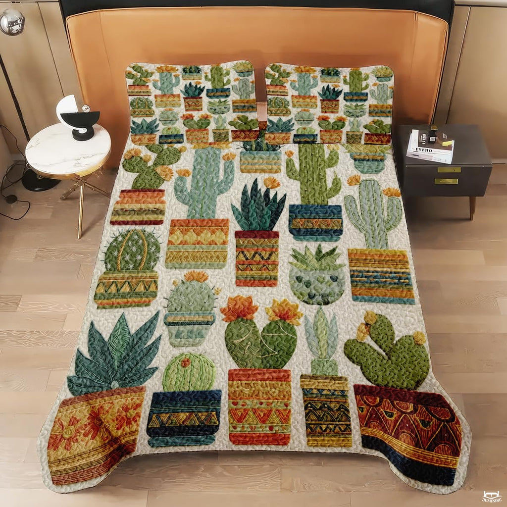 Personalized Vibrant Potted Cactus Quilt Set, Machine Washa - Design 3