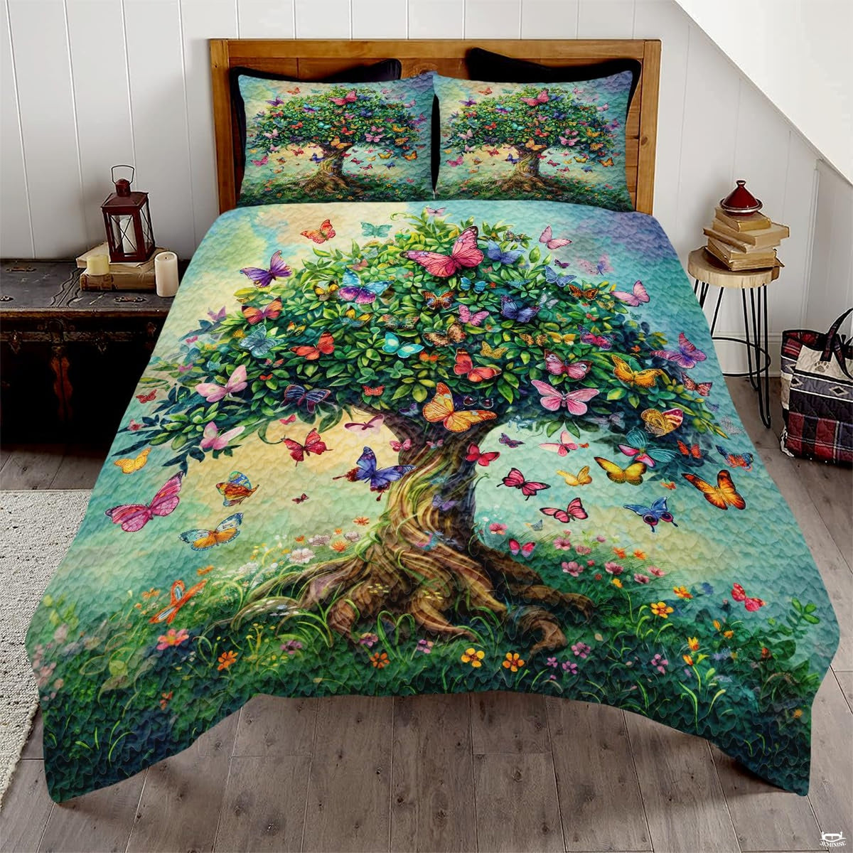 Butterfly tree of life bedding set featuring an ornate botanical tree and winged butterflies in sage green patchwork tiles.