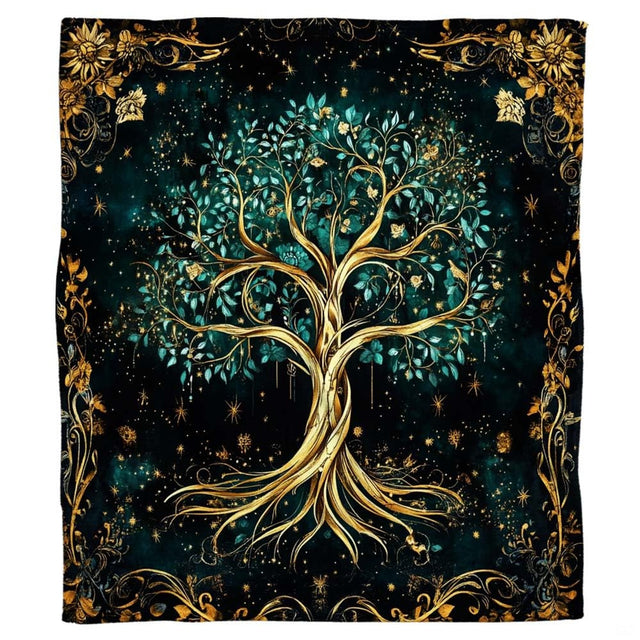 Golden tree of life baroque filigree fantasy blanket showing cosmic design view 2