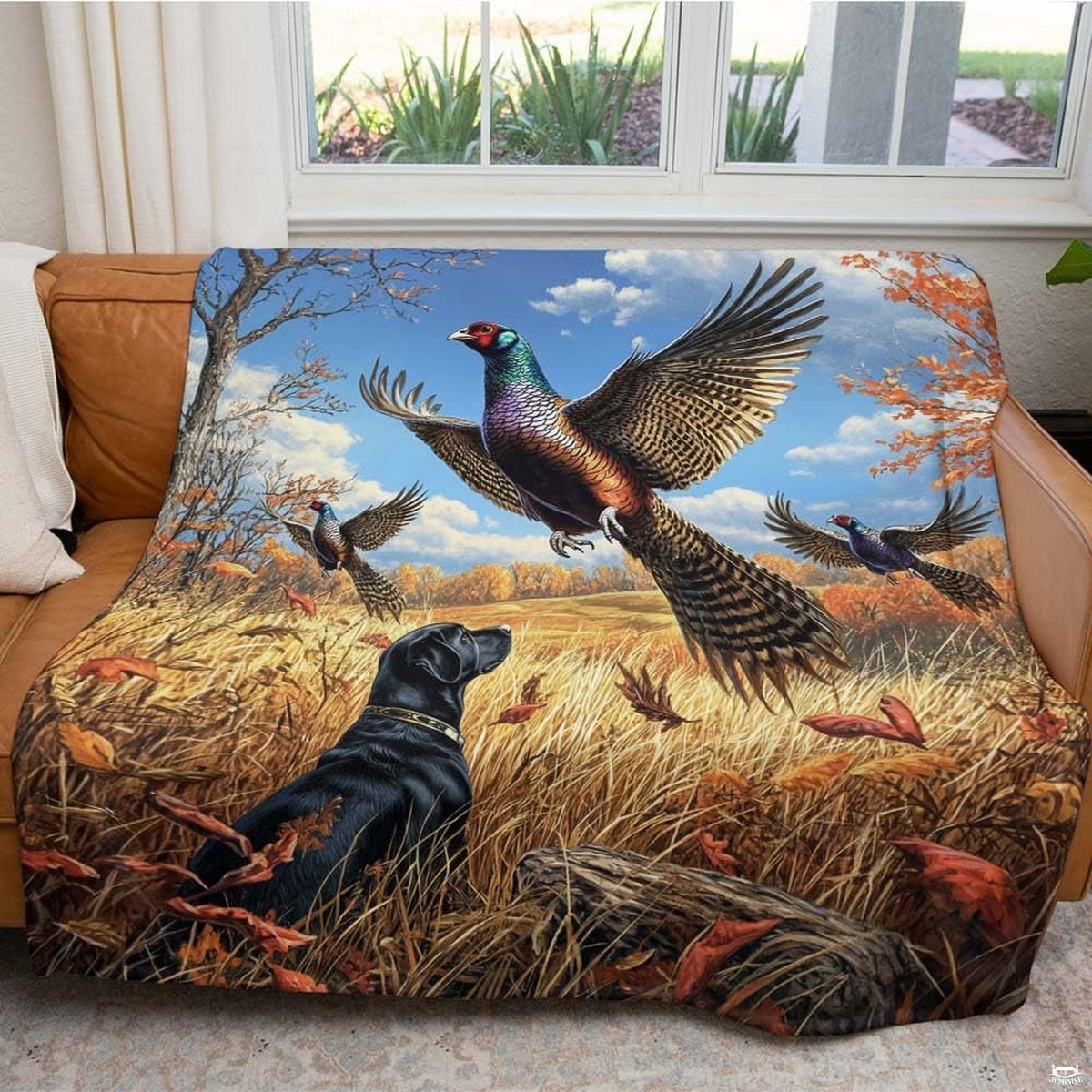 Bird dog bedding visual artwork showcasing a black Labrador Retriever alert in autumn grass.