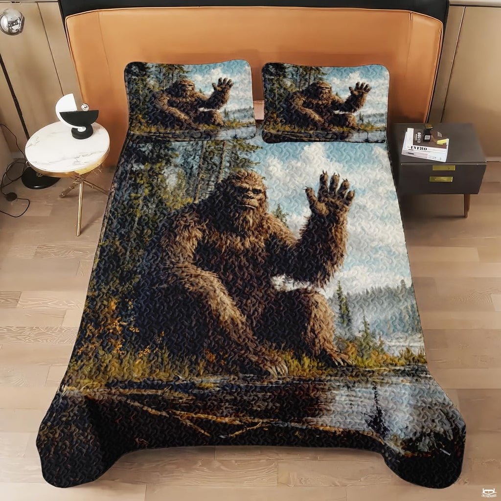 Full lifestyle bedroom display of patriotic Bigfoot bedding styled with coordinating rustic room decor