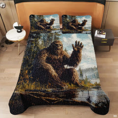 Full lifestyle bedroom display of patriotic Bigfoot bedding styled with coordinating rustic room decor