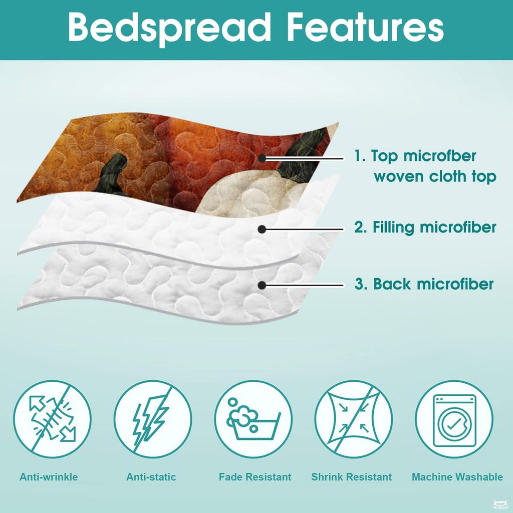 Folded presentation of harvest bedding set demonstrating sharp graphic print clarity and rich pumpkin color saturation.
