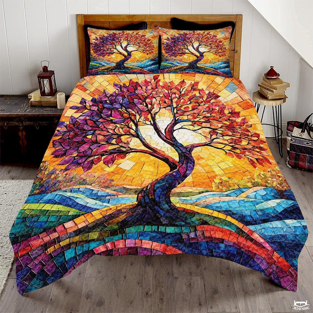 Custom Celtic Tree of Life Quilt Set with Colorful Mosaic Sunburst
