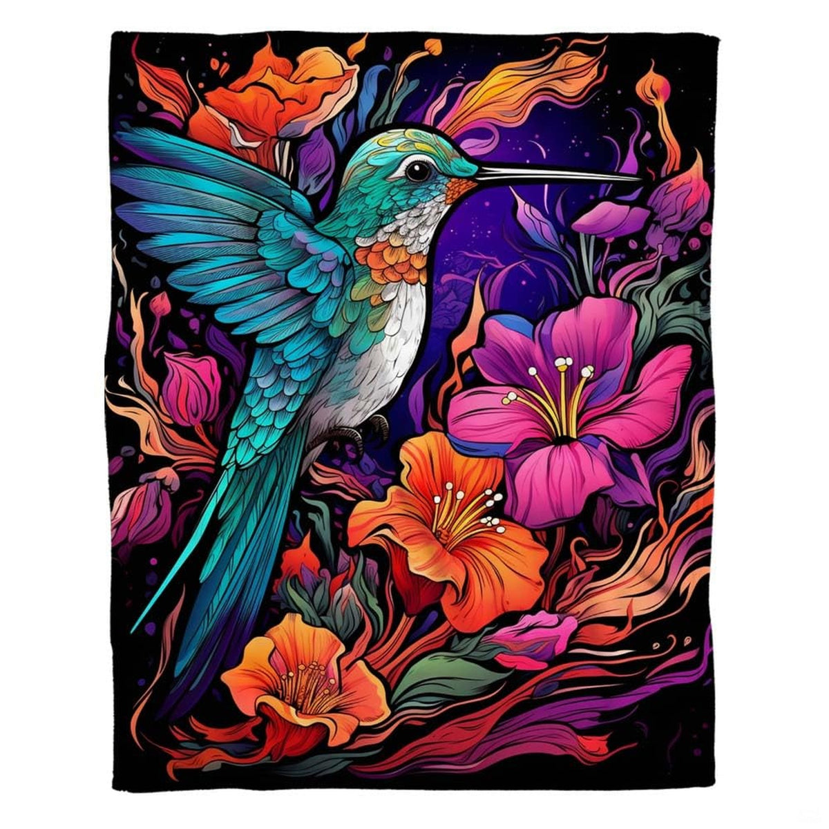 Artistic detail of colorful hummingbird wings featuring teal and cobalt accents amidst lush floral tendrils.