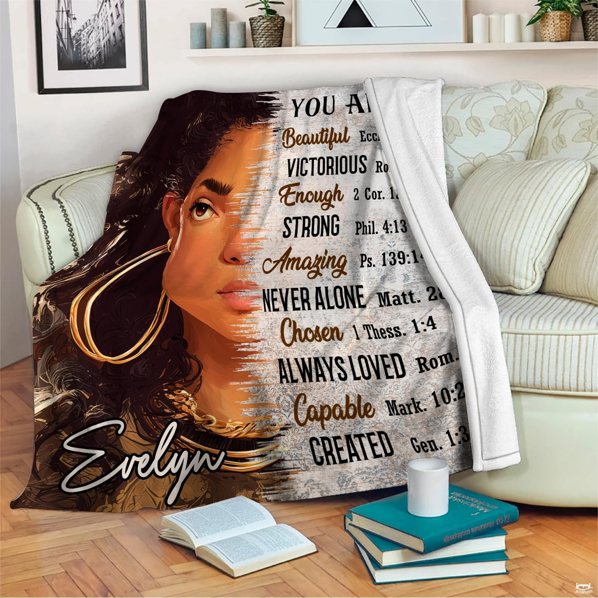 Inspirational woman throw blanket draped across a living room chair.