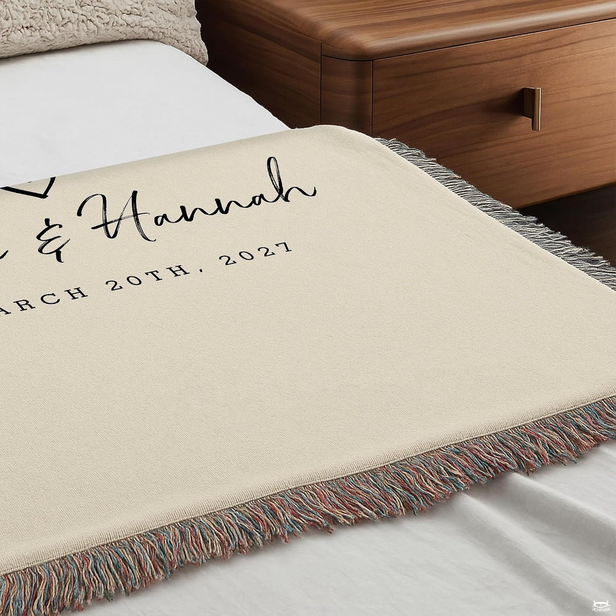 Outdoor patio seating area displaying the modern minimalist couple typography throw blanket