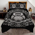 Gothic black white owl bedding set featuring an ornate bird perched on a branch among leaves.