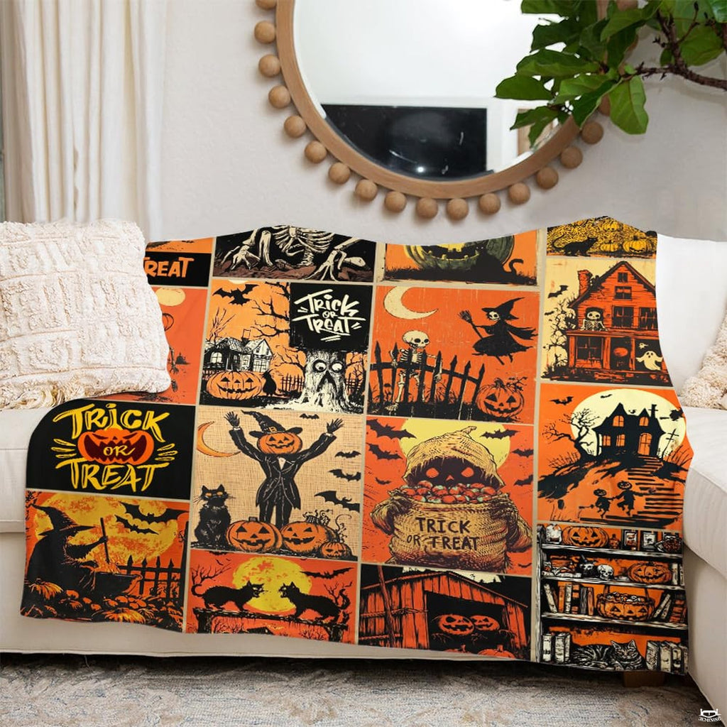 Bedroom lifestyle setting showing the retro horror comic throw blanket styled on a bed.