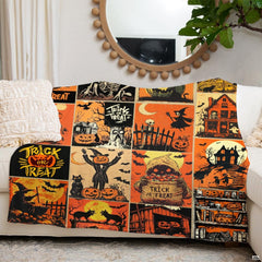 Bedroom lifestyle setting showing the retro horror comic throw blanket styled on a bed.