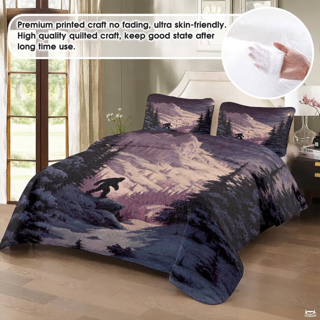 Personalized Bigfoot Snowy Mountain Forest Quilt Set, Mach - Design 15