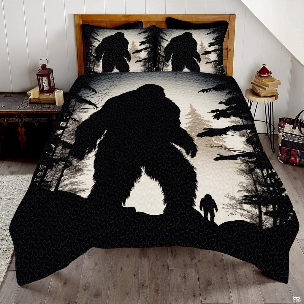 Vintage cream Bigfoot Sasquatch woodland bedding set displayed on a bed in a rustic cabin bedroom