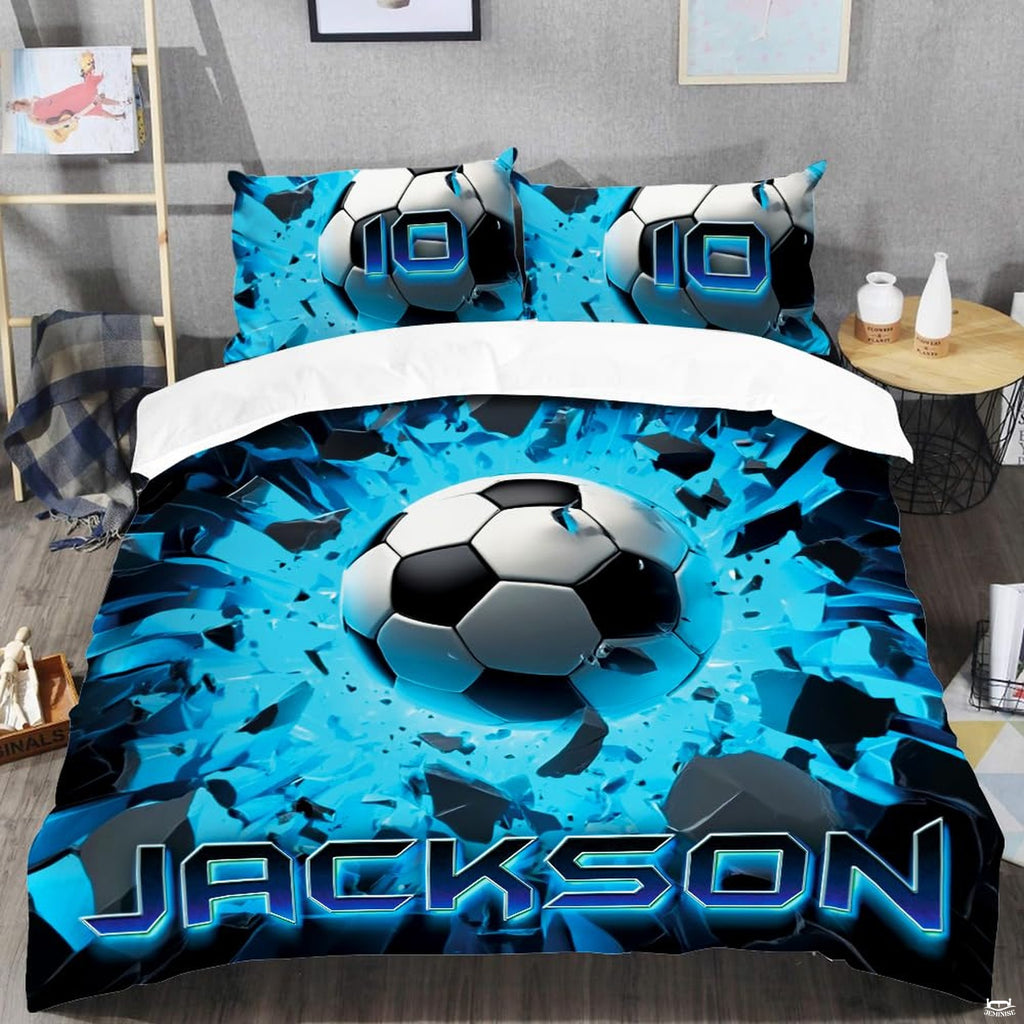 Close-up perspective of soccer bedding highlighting classic soccer ball and electric cyan splash droplets