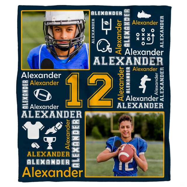 Football sports collage design with gold-bordered portrait frames and athletic graphics on deep navy blue.