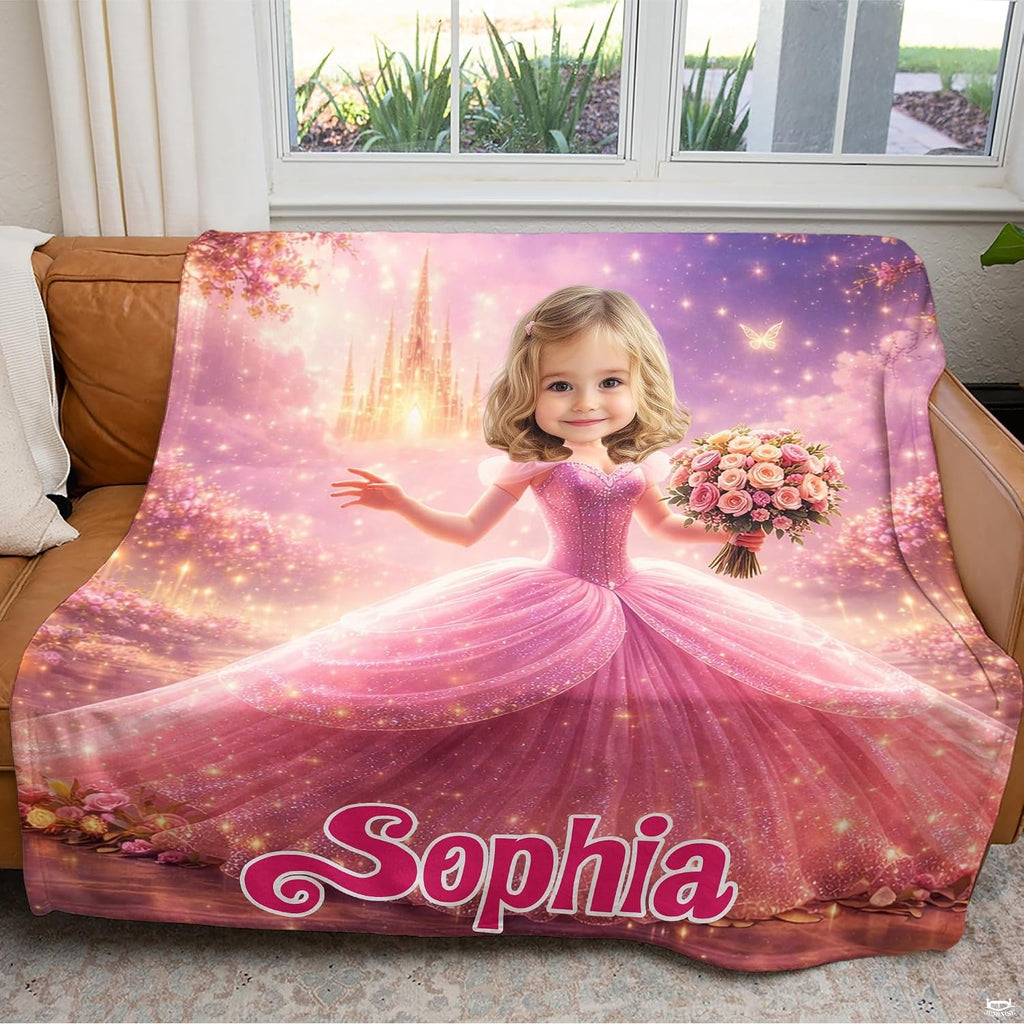 Fairytale princess portrait in sparkling rose attire surrounded by magical forest glow