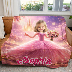 Fairytale princess portrait in sparkling rose attire surrounded by magical forest glow