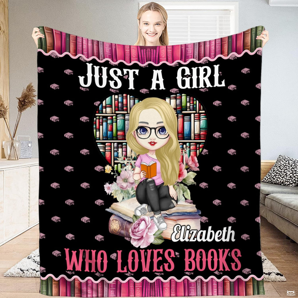 Cute bookworm girl bookshelf throw blanket featuring a cartoon girl reading before a heart bookshelf