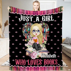 Cute bookworm girl bookshelf throw blanket featuring a cartoon girl reading before a heart bookshelf