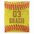 Front full perspective of macro softball throw blanket showing close-up yellow ball and red laces