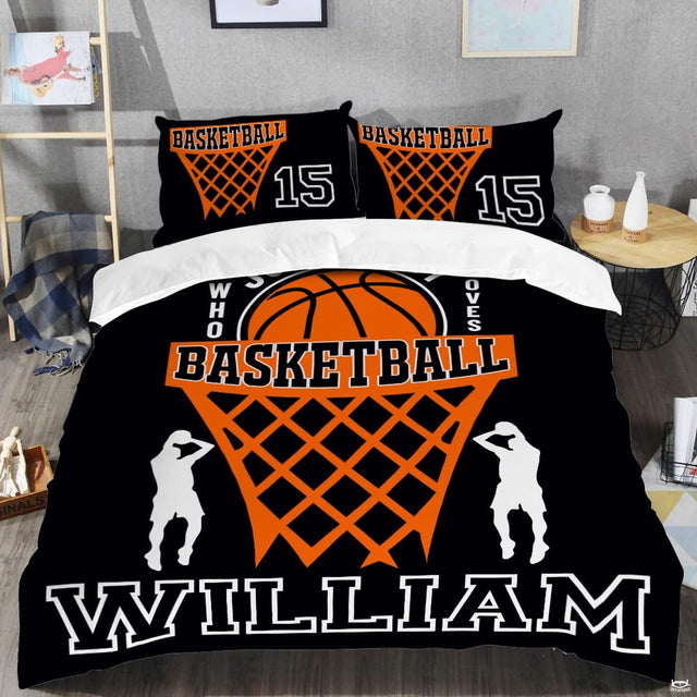 Close-up perspective of basketball bedding showing detailed orange net geometry and jump shot silhouette