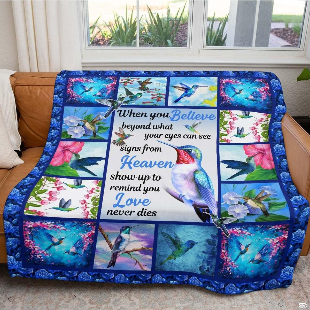 Hummingbird floral collage throw blanket view 5 highlighting iridescent bird artwork and garden room styling
