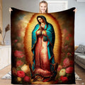 Full vertical view of Our Lady of Guadalupe devotional artwork with golden halo and rose border.