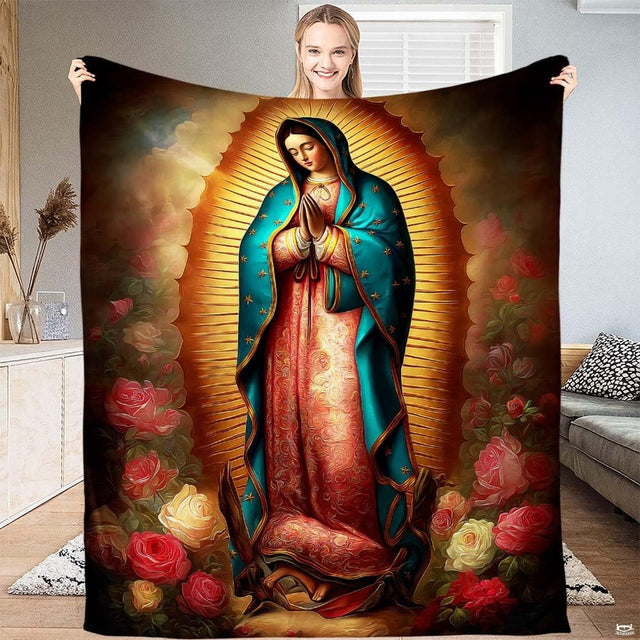 Full vertical view of Our Lady of Guadalupe devotional artwork with golden halo and rose border.